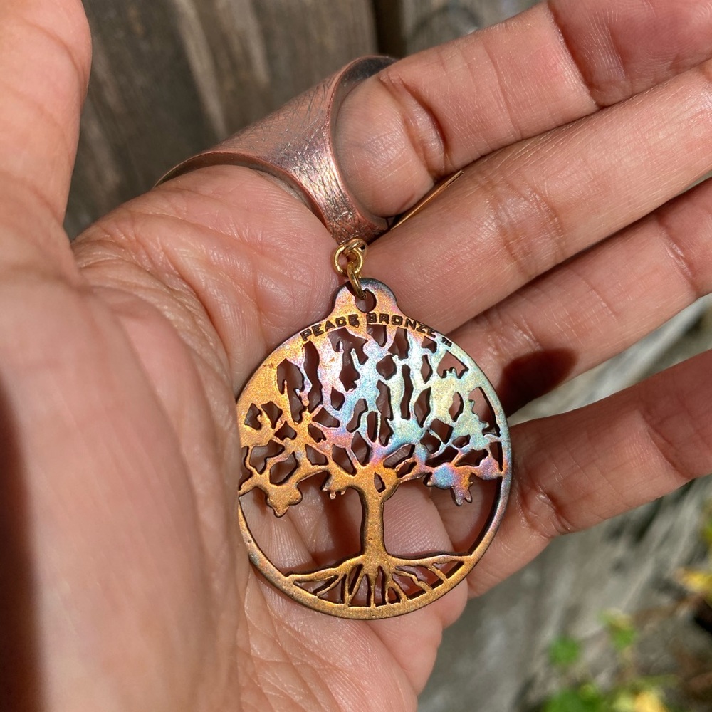 Tree of Life Iridescent Peace Bronze Earrings - Picture 4 of 9